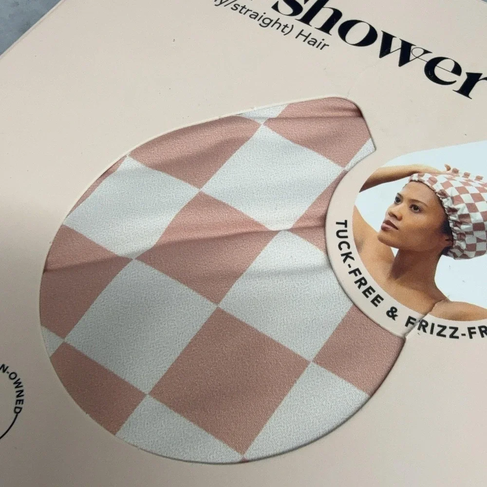 Kitsch Satin-Lined Flexi Shower Cap Terracotta Checker Hair Women Frizz-Free